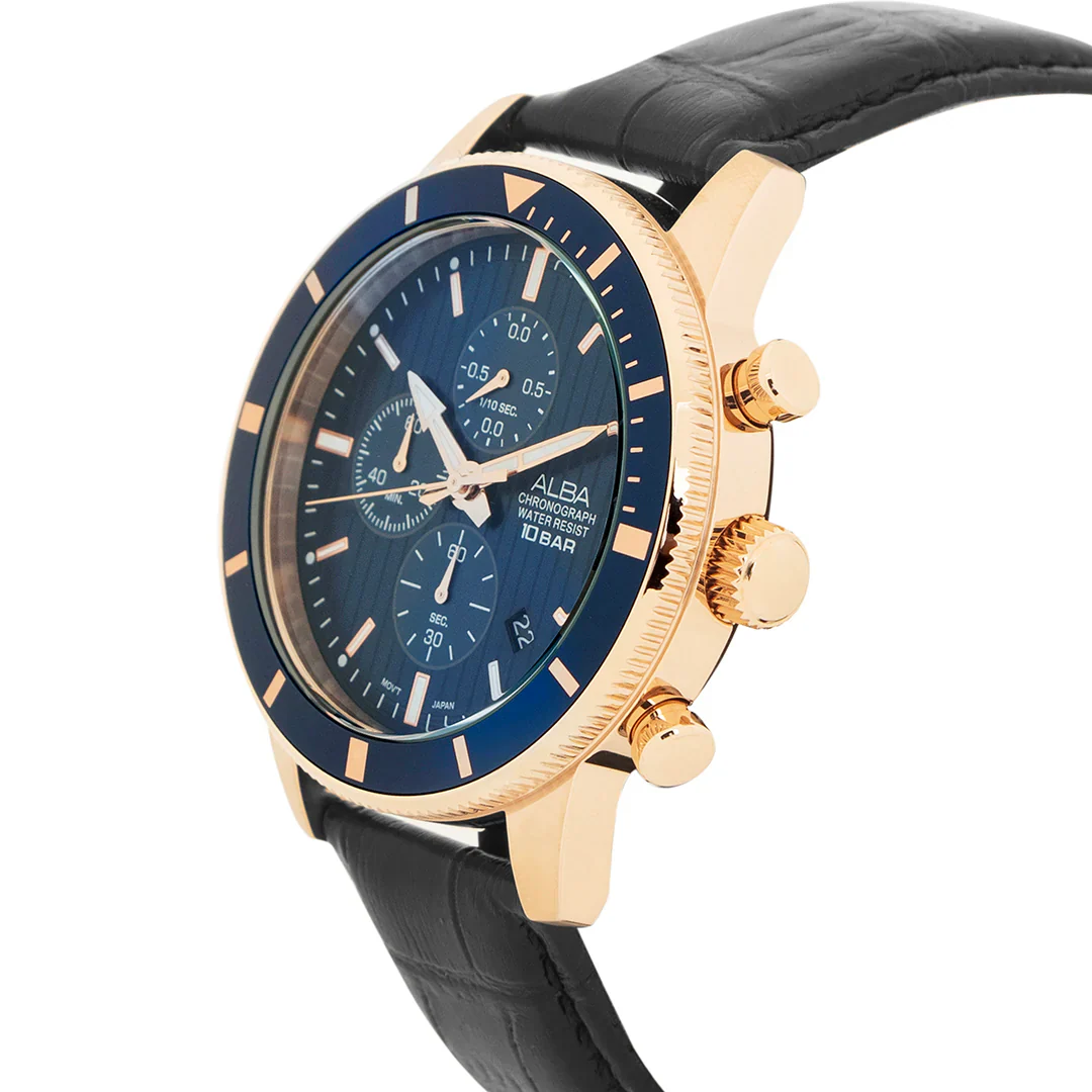 ALBA Blue Patterned Dial Chronograph In Leather Strap Men's Watch AM3960X1 - Image 2