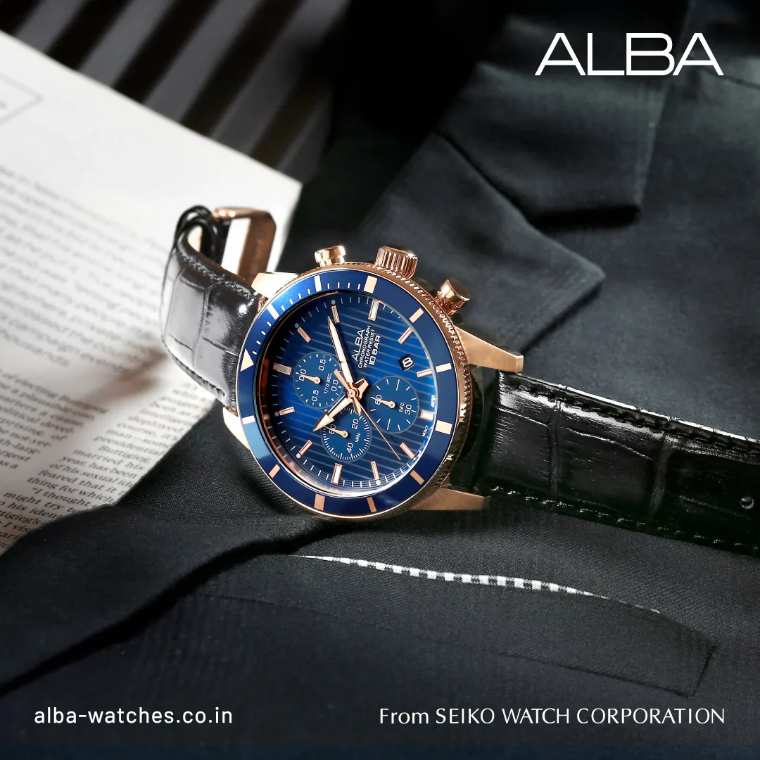 ALBA Blue Patterned Dial Chronograph In Leather Strap Men's Watch AM3960X1 - Image 3