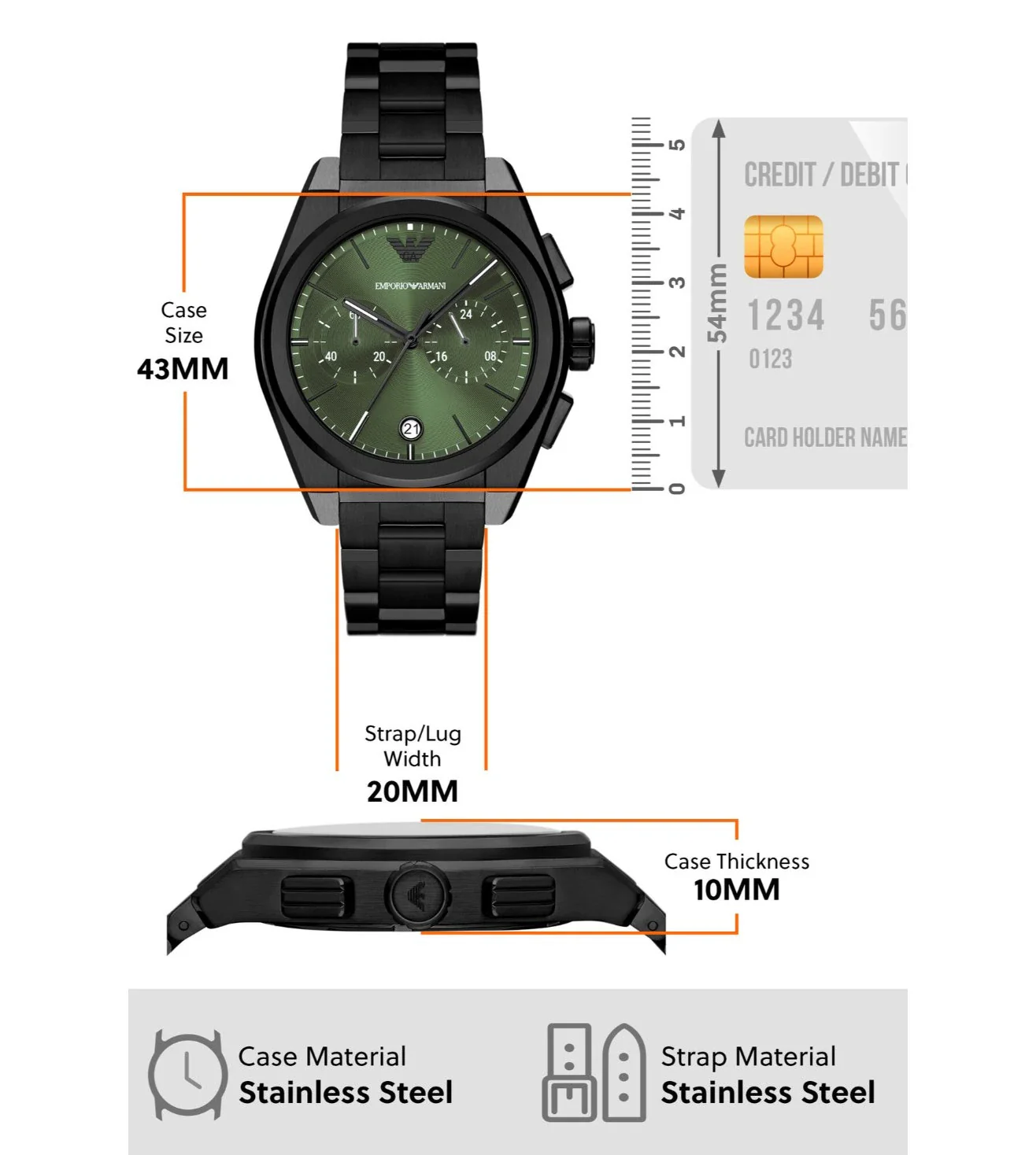 AR11562 Emporio Armani | Green Dial St Steel Chronograph Watch (Men) - Image 5