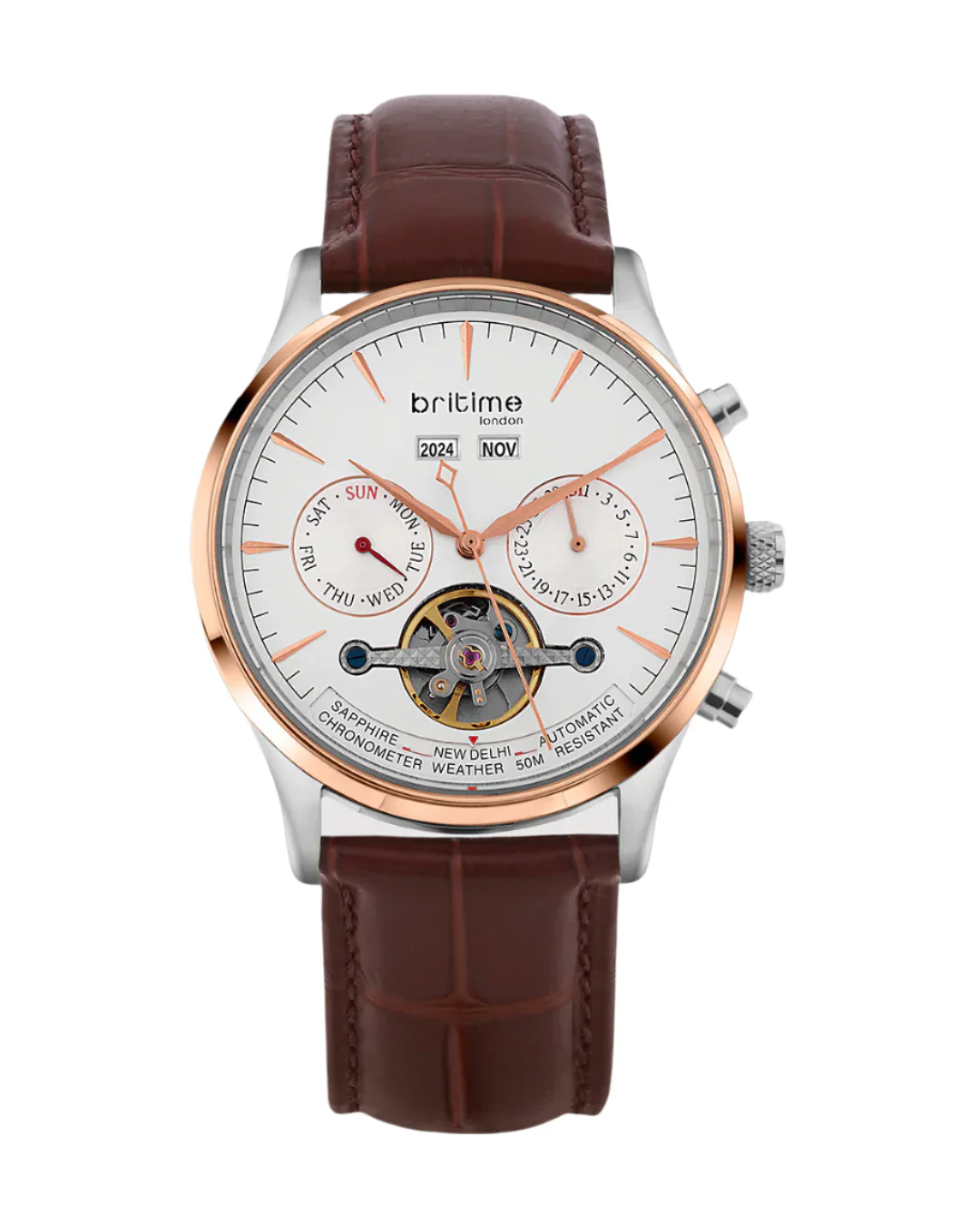 Britime Celestial Silver Dial With Leather Strep Multifunction Automatic Men's Watch - 867-L30308