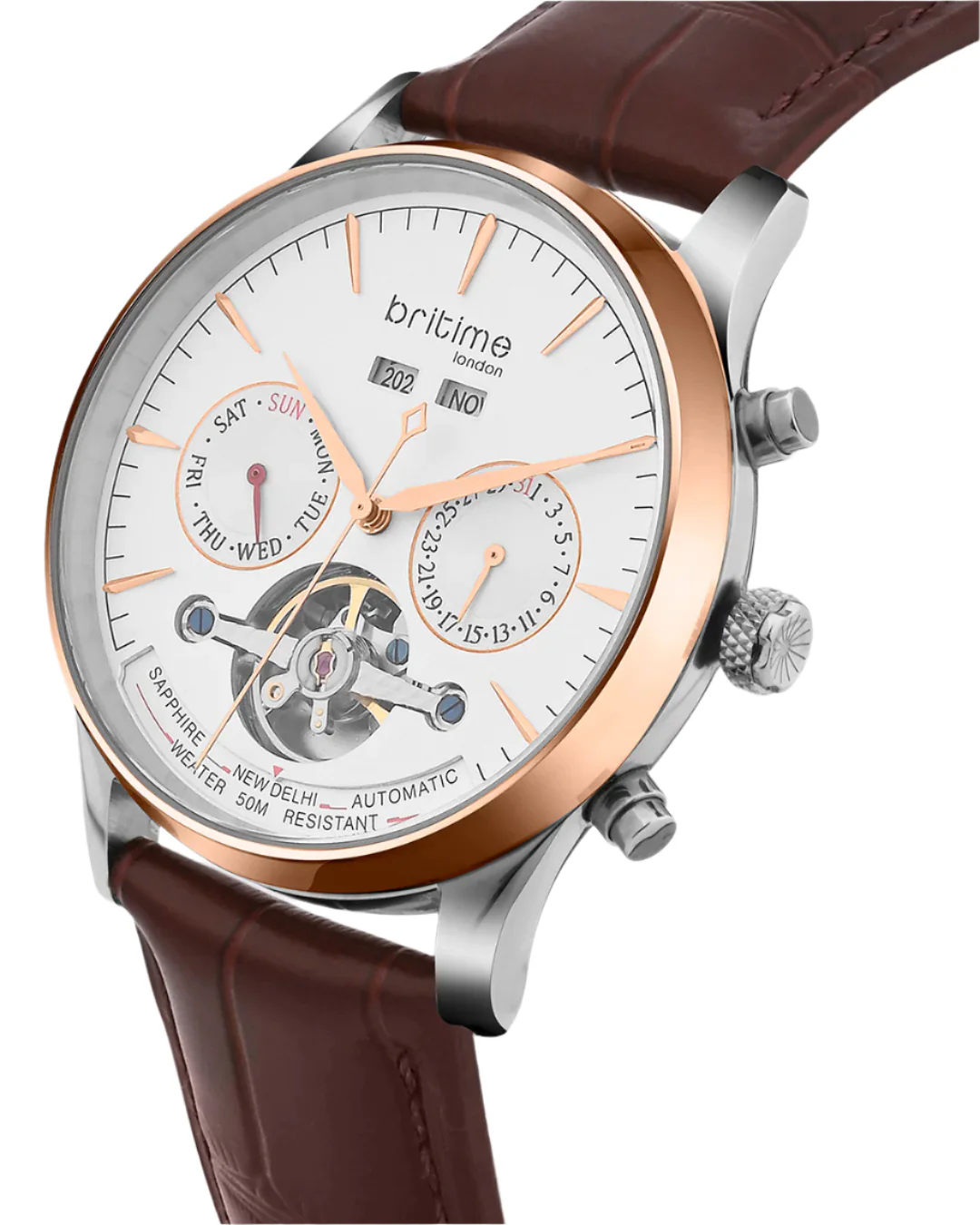 Britime Celestial Silver Dial With Leather Strep Multifunction Automatic Men's Watch - 867-L30308 - Image 2