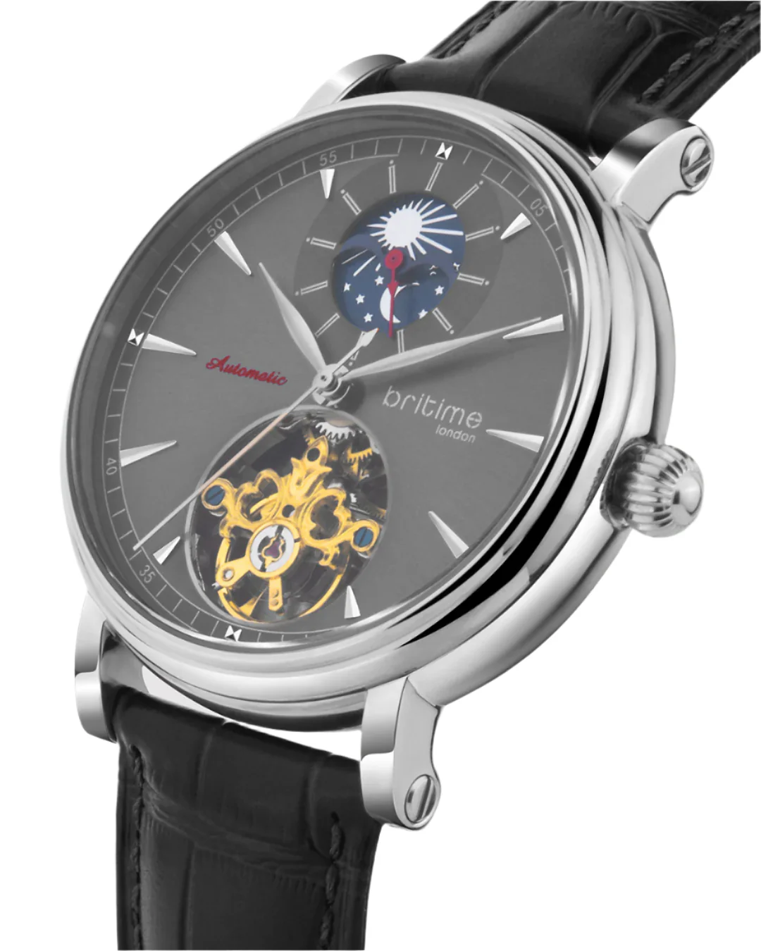 Britime Jupiter Men Automatic Black Dial Analog Leather Strap Watch 127-L10406 - Image 2
