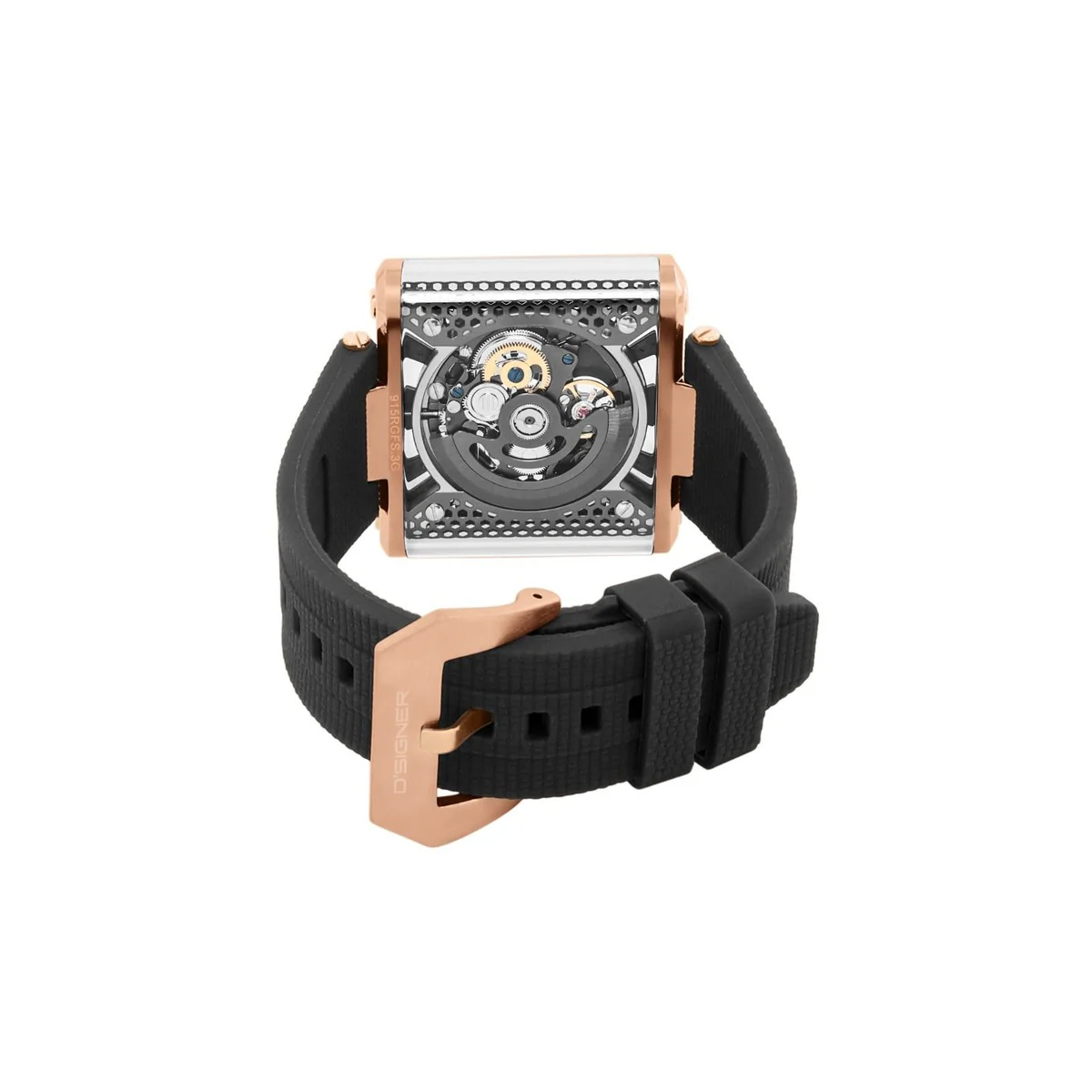 D'SIGNER Full Rose Gold Square Dial Black Silicon Strap Automatic Men's Watch - Image 3