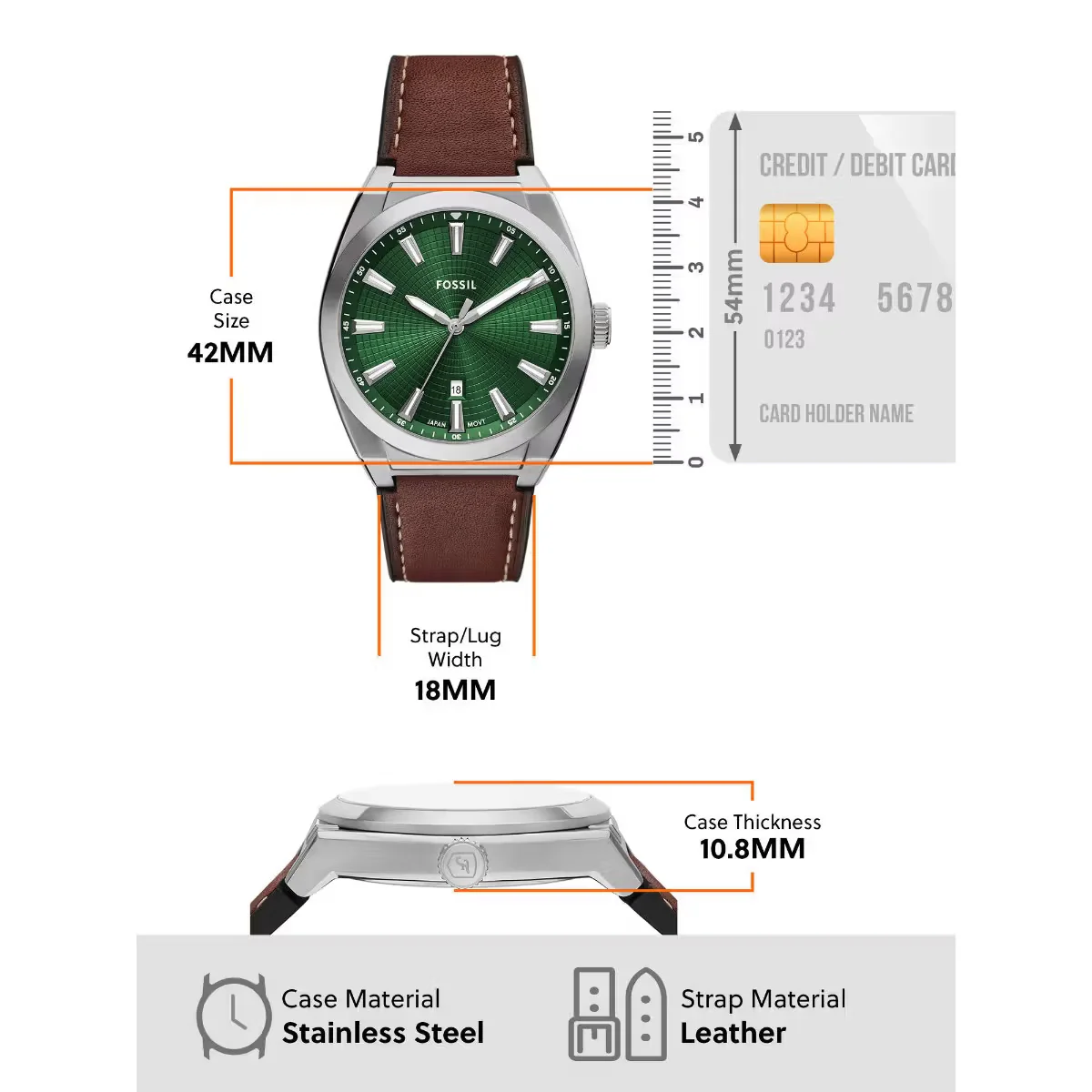 Fossil Everett Quartz Green Dial Analog Leather Strap Men Watch With Bracelet FS6080SET - Image 4