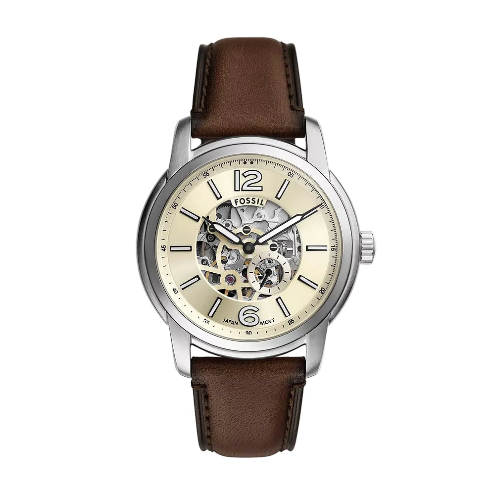 Fossil Heritage Automatic Cream Dial Analog Leather Strap Men Watch ME3264
