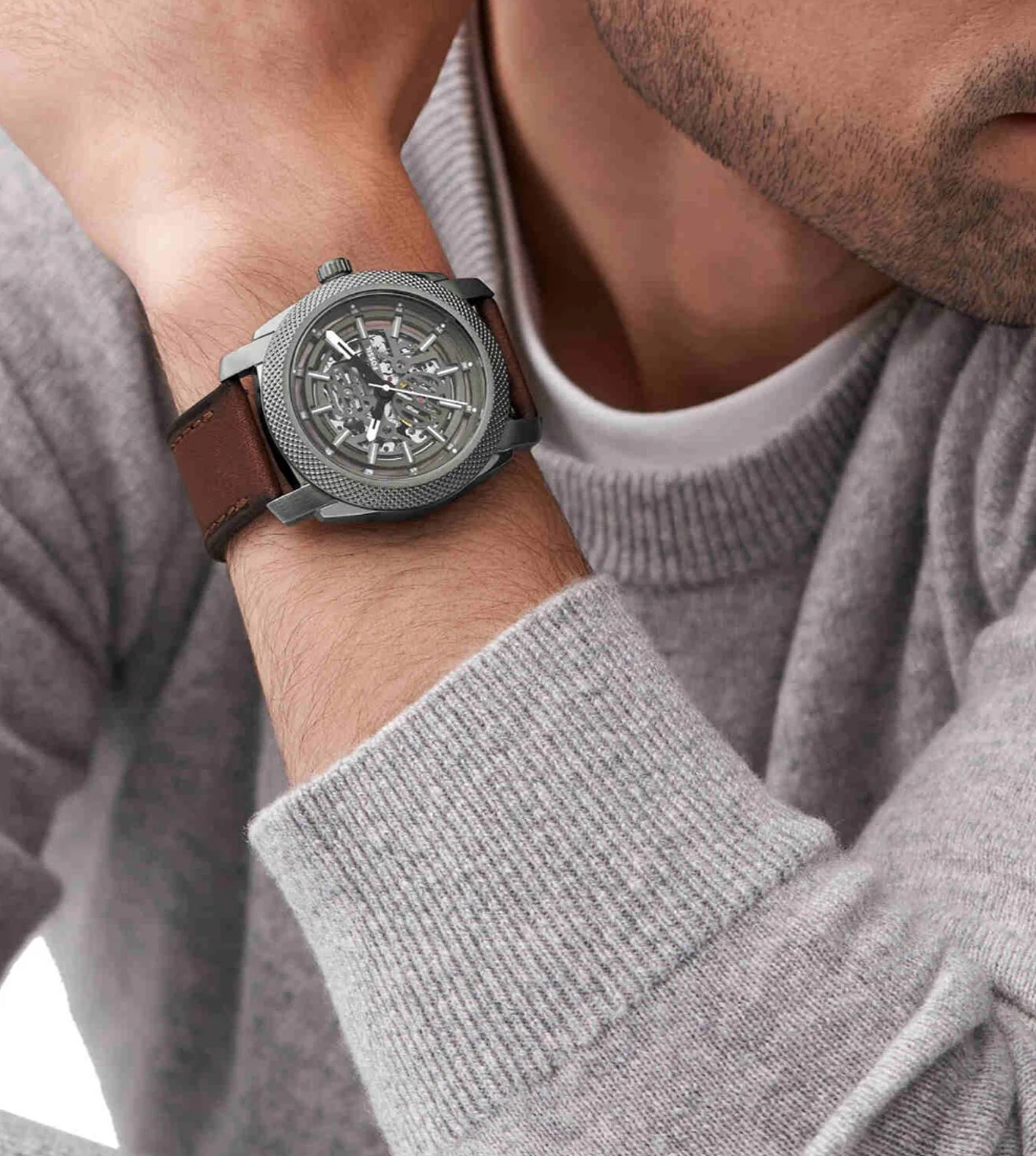 ME3254 FOSSIL | Grey Dial Automatic Leather Strap Analog Watch (Men) - Image 6