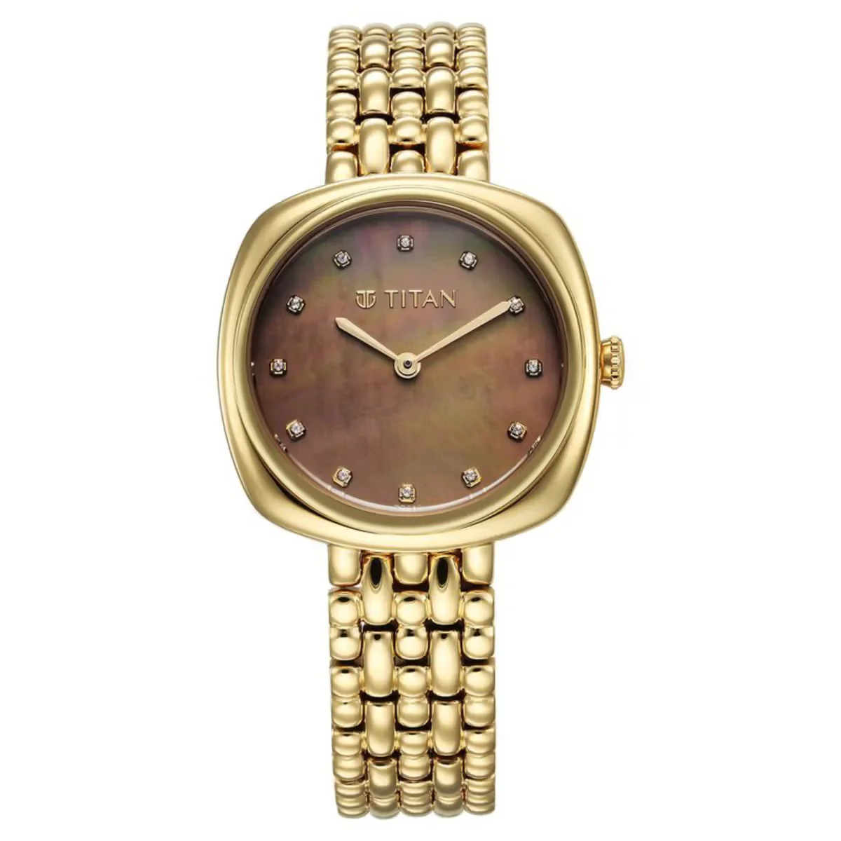 Titan Aura Quartz Analog Brown Mother of Pearl Dial Golden Stainless Steel Strap Women Watch 95241YM01