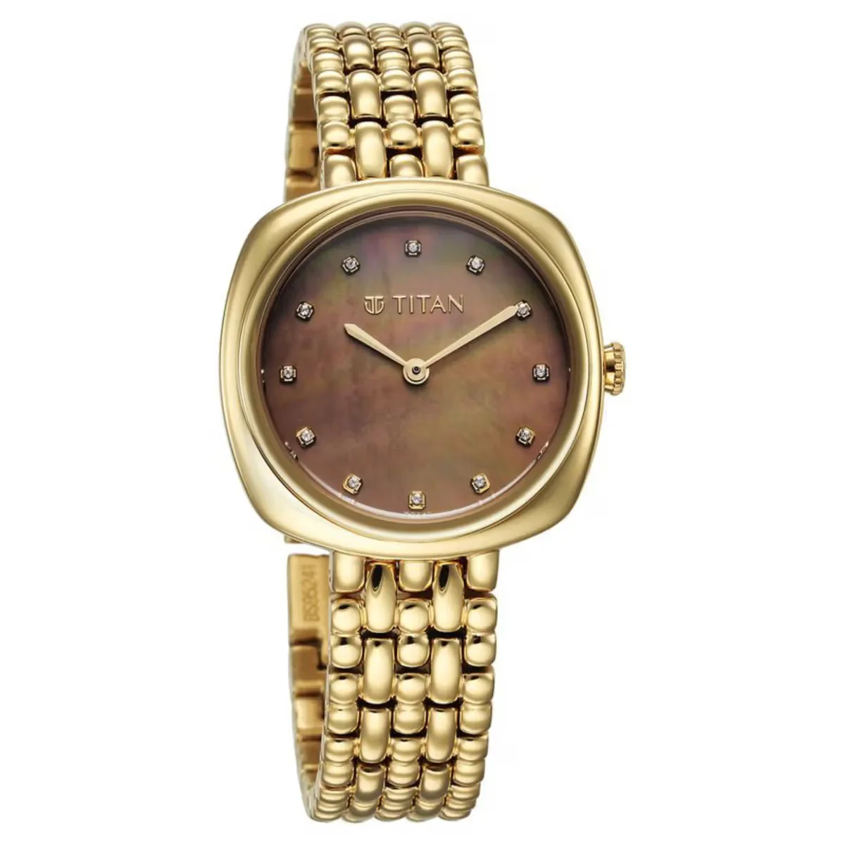 Titan Aura Quartz Analog Brown Mother of Pearl Dial Golden Stainless Steel Strap Women Watch 95241YM01 - Image 2