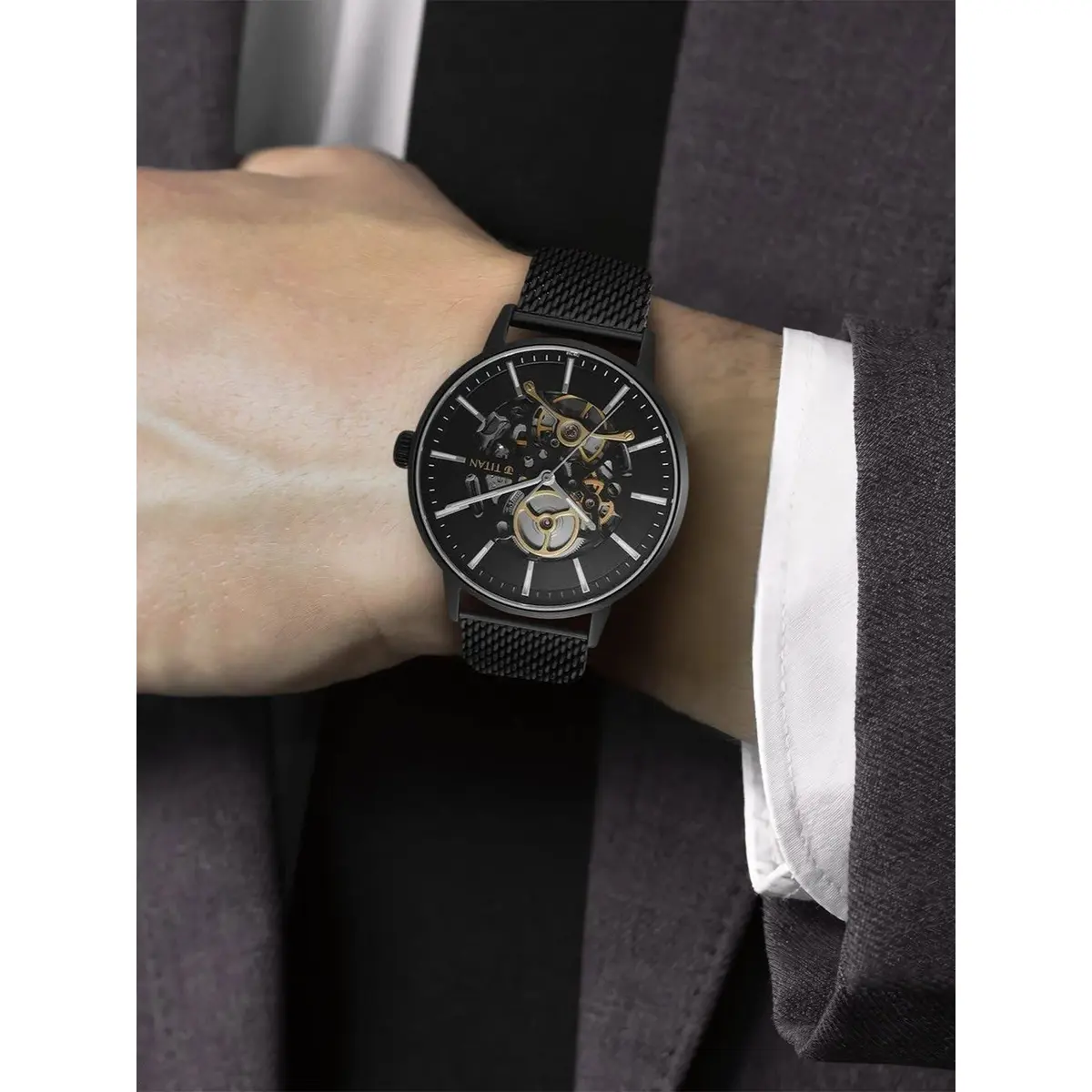 Titan Mechanical Slimline Black Dial Black Mesh Strap Watch for Men 90159NM01 - Image 4