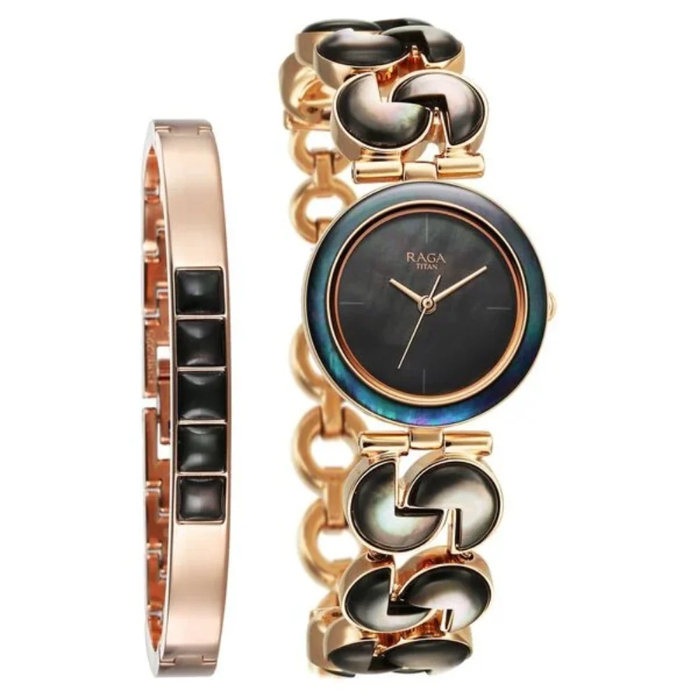 Titan Raga Black Pearl Quartz Analog Mother Of Pearl Dial Metal Strap Watch For Women 95233WM02