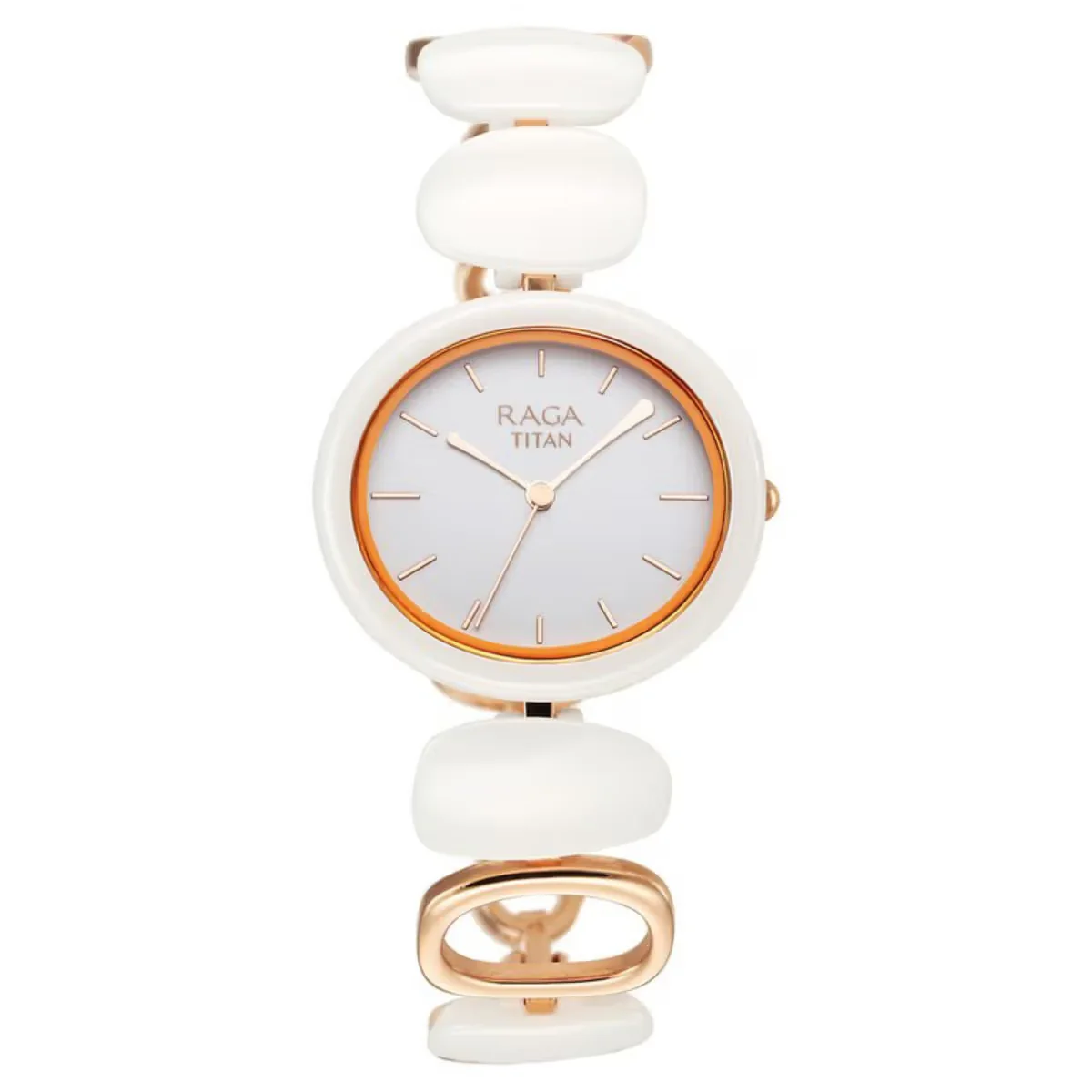 Titan Raga Ceramics Quartz Analog White Dial Metal & Ceramic Strap Watch For Women 95146KD05