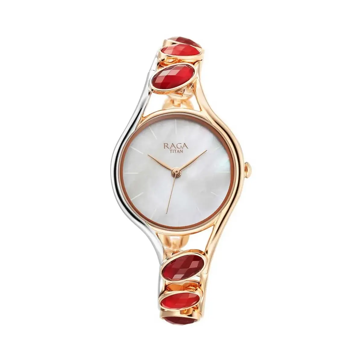 Titan Raga New You Quartz Analog Mother Of Pearl Dial Garnet stone bi-metal Strap Women Watch 95190KM01
