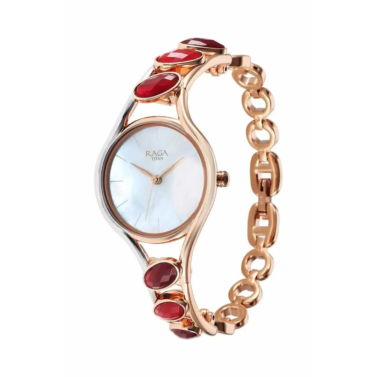 Titan Raga New You Quartz Analog Mother Of Pearl Dial Garnet stone bi-metal Strap Women Watch 95190KM01 - Image 3
