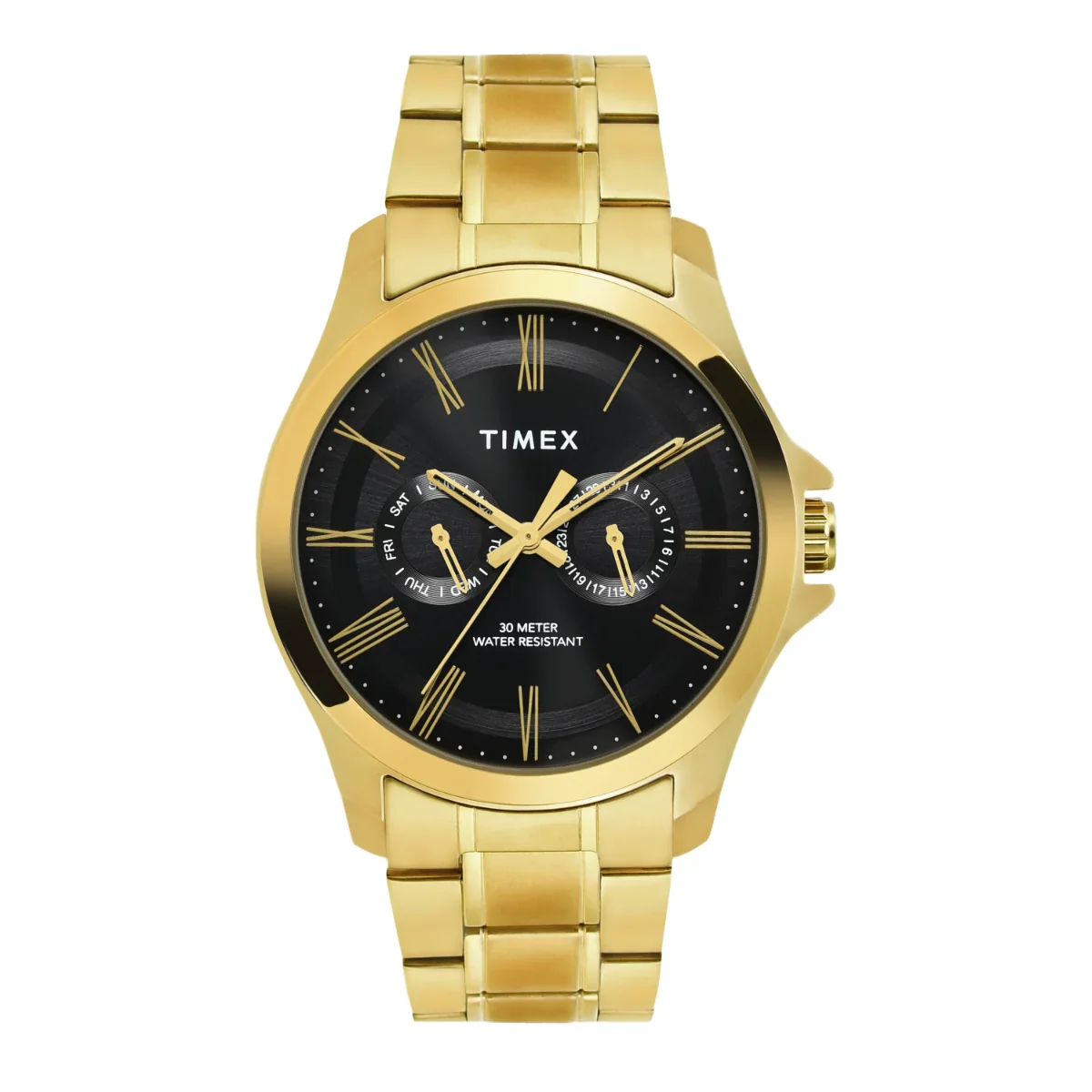 TW000X129 Timex | Analog Black Round Brass Dial Watch (Men)
